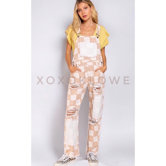 POL Beige & White Checkered Distressed Relaxed Fit Denim Overalls - Picture 1 of 16